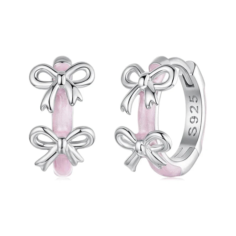 925 Sterling Silver Pink Bow Hoop Earrings