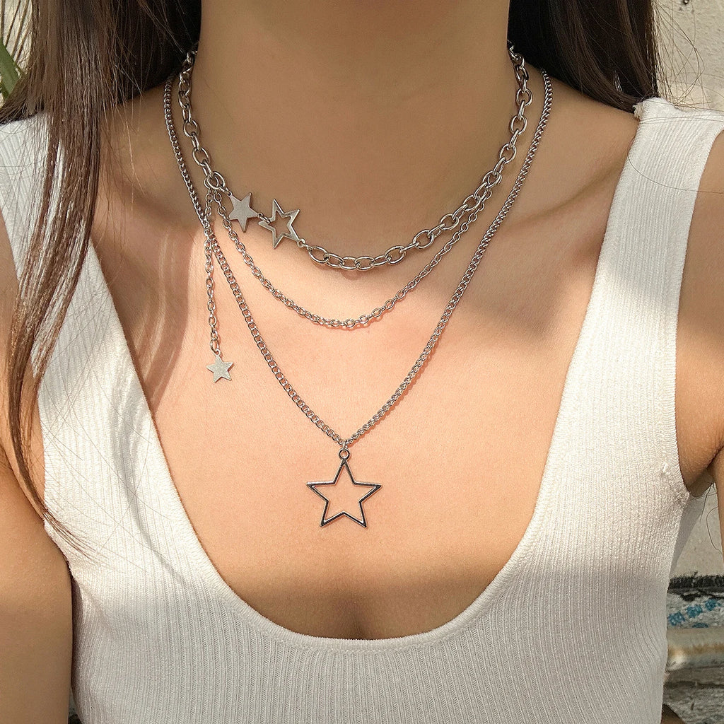 Y2K Star Pendant Layered Metal Chain Necklace