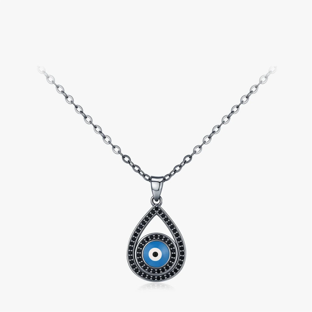 925 Sterling Silver Black Zirconia Water Drop Eye Necklace