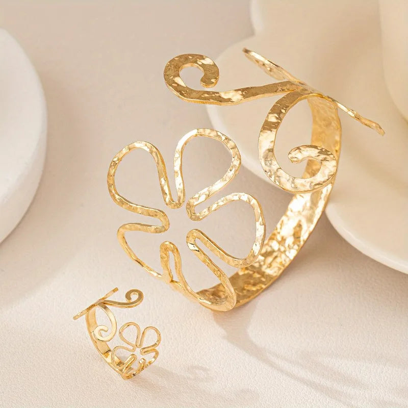 Elegant Adjustable Hollow Flower Bangle & Ring Set