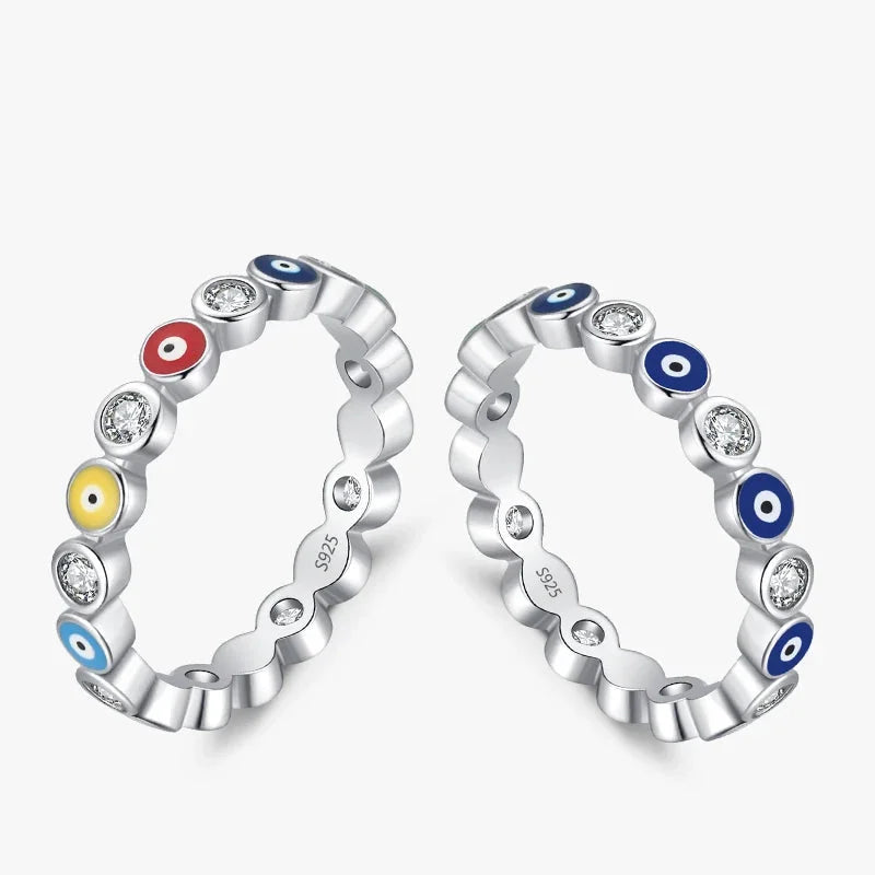 925 Sterling Silver Rainbow Enamel Eye CZ Ring