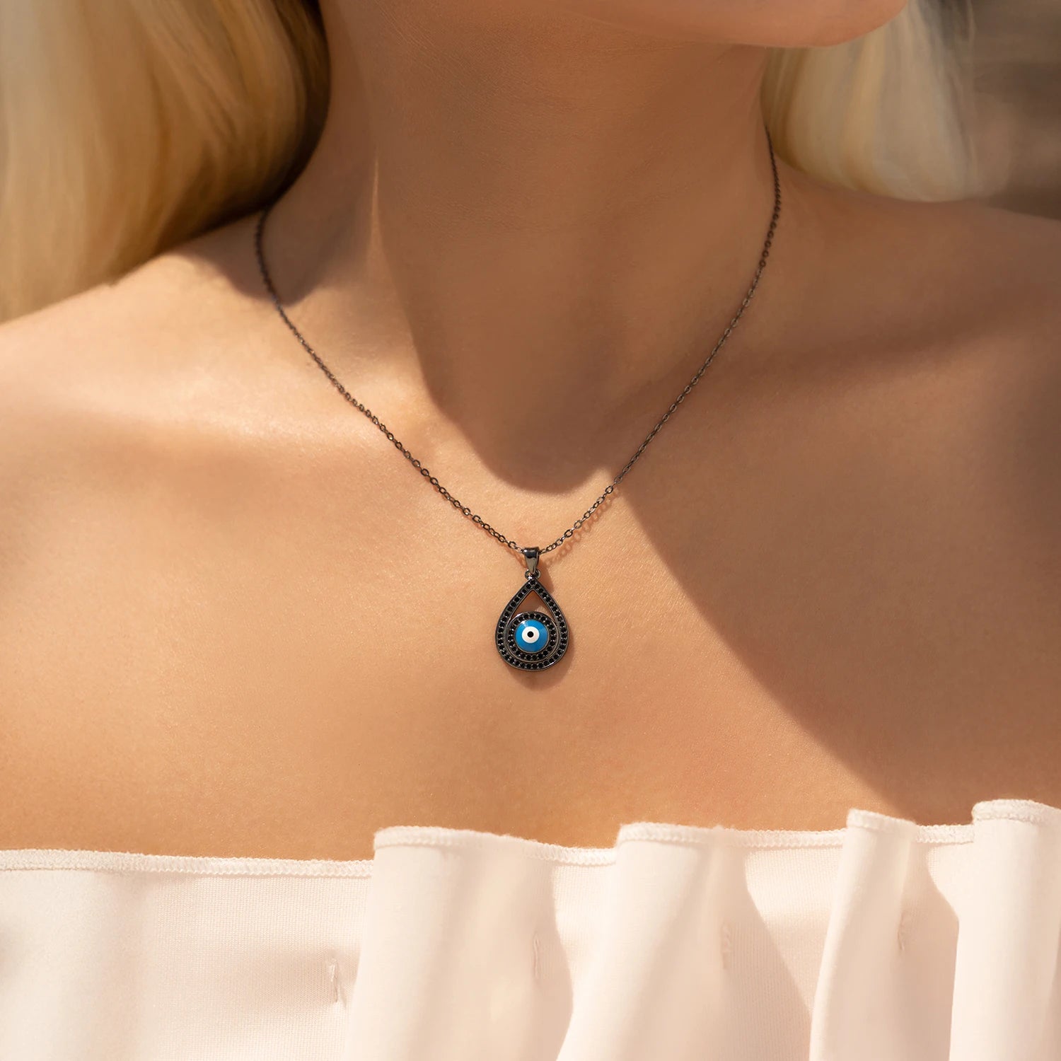 925 Sterling Silver Black Zirconia Water Drop Eye Necklace