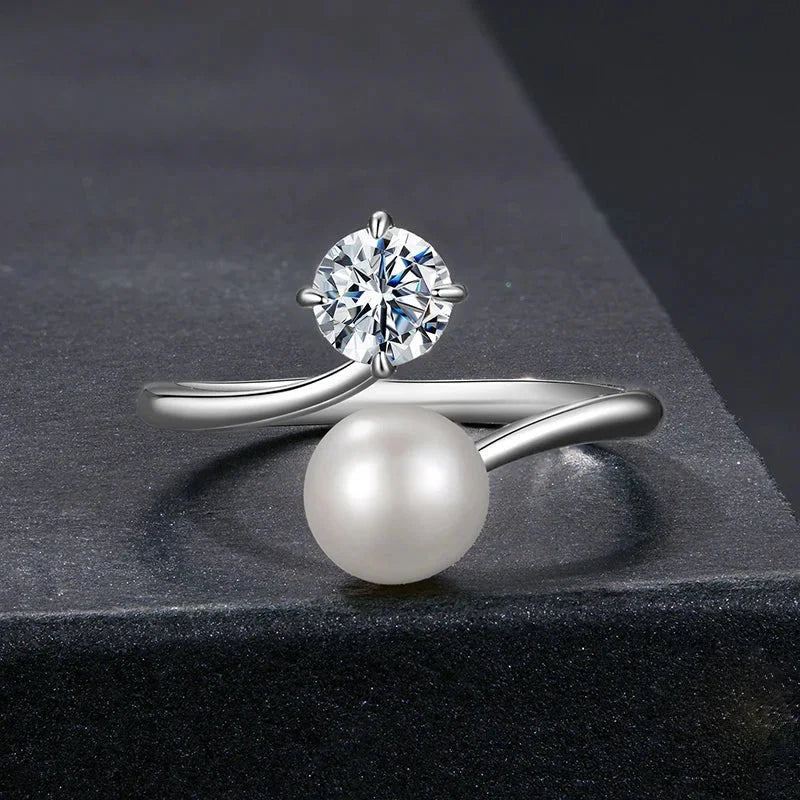 925 Sterling Silver Freshwater Pearl & Moissanite Open Ring