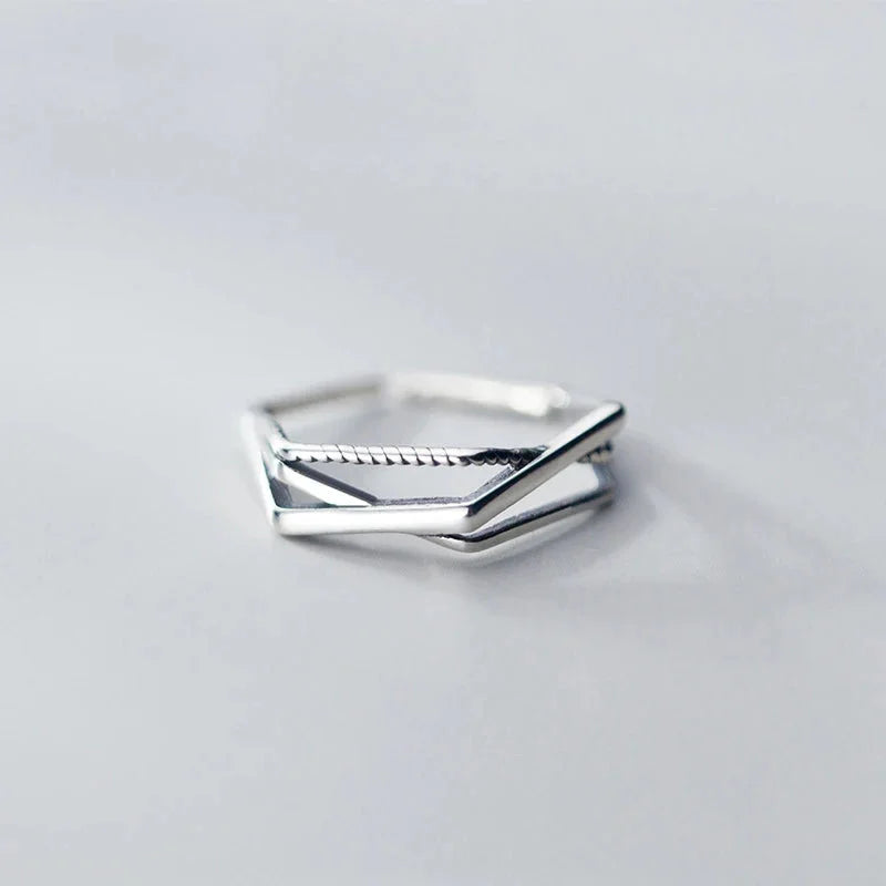 925 Sterling Silver Irregular Geometric Cross Line Ring