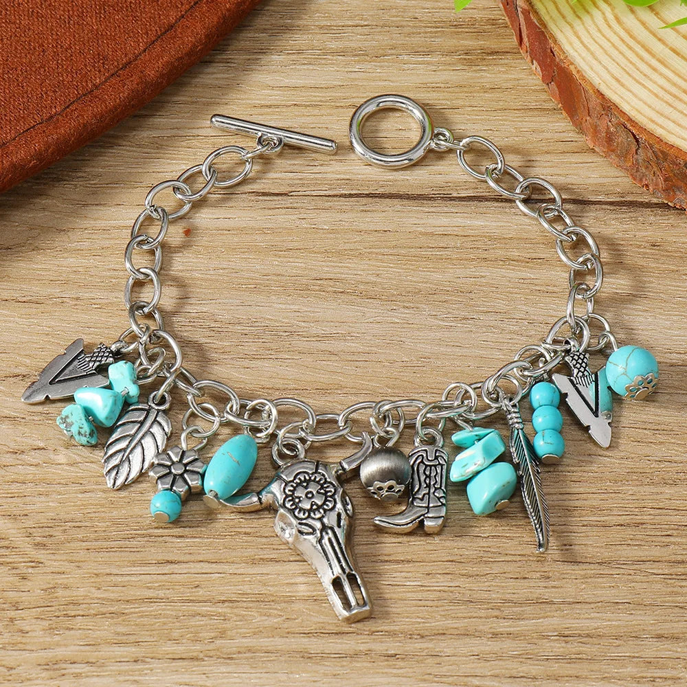 Vintage Silver Boho Turquoise Charm Bracelet