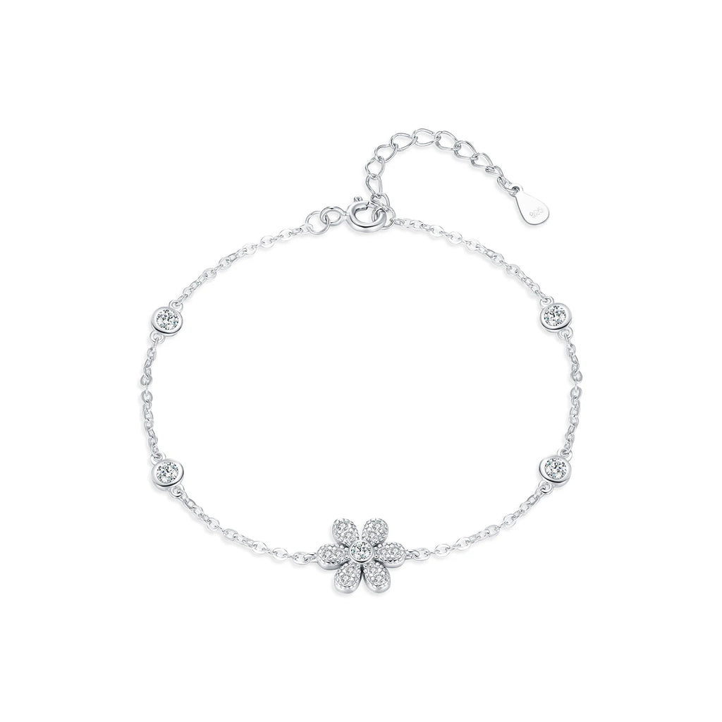 925 Sterling Silver Clear CZ Flower Bracelet