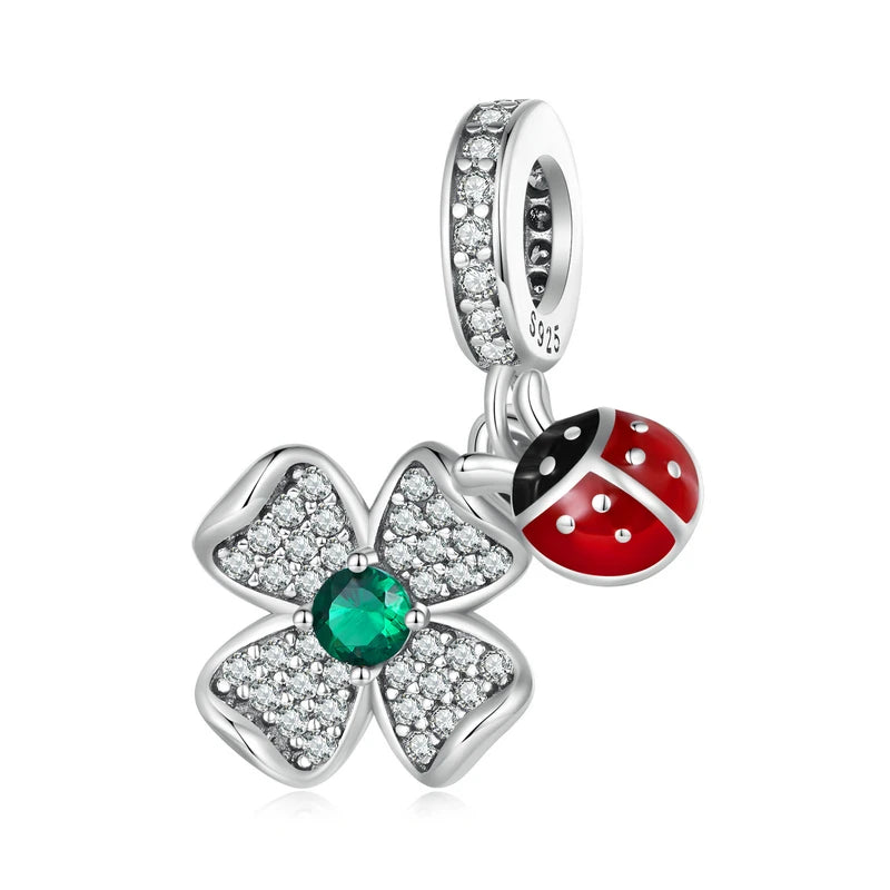 925 Sterling Silver Four-Leaf Clover & Ladybug Charm