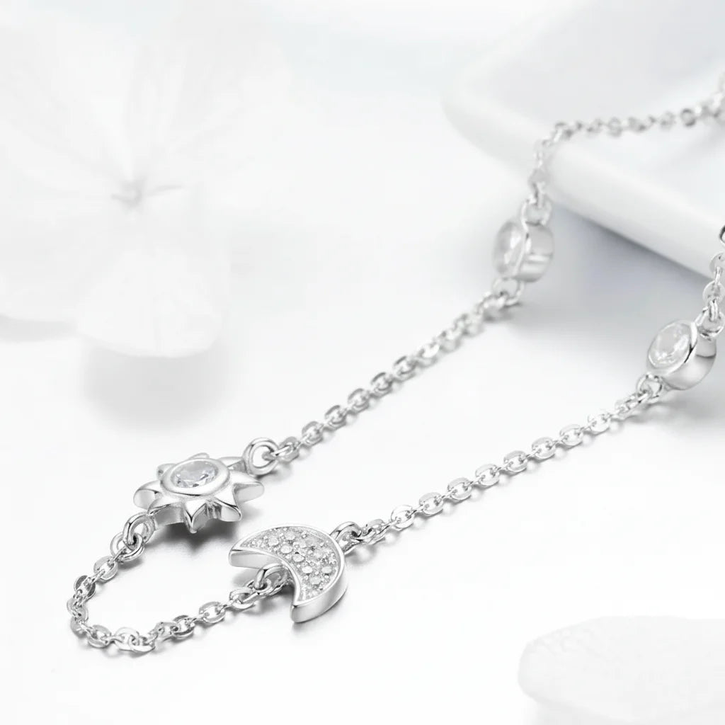 925 Sterling Silver Sparkling Moon and Star Necklace