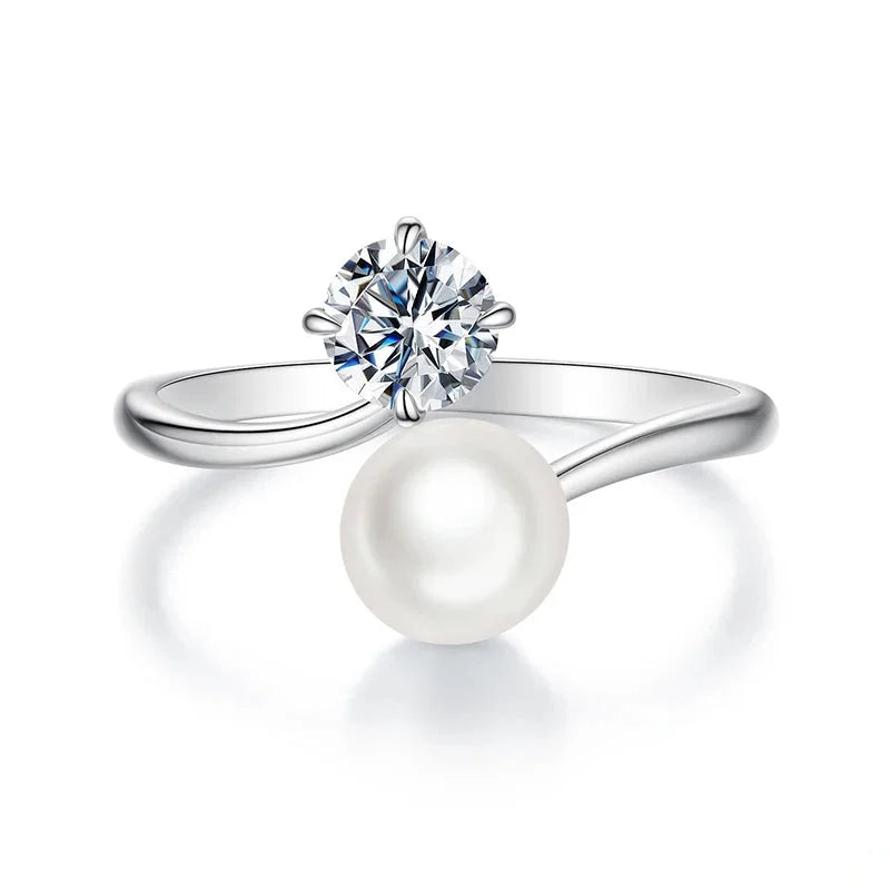 925 Sterling Silver Freshwater Pearl & Moissanite Open Ring