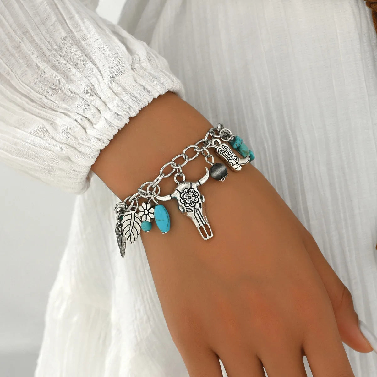Vintage Silver Boho Turquoise Charm Bracelet