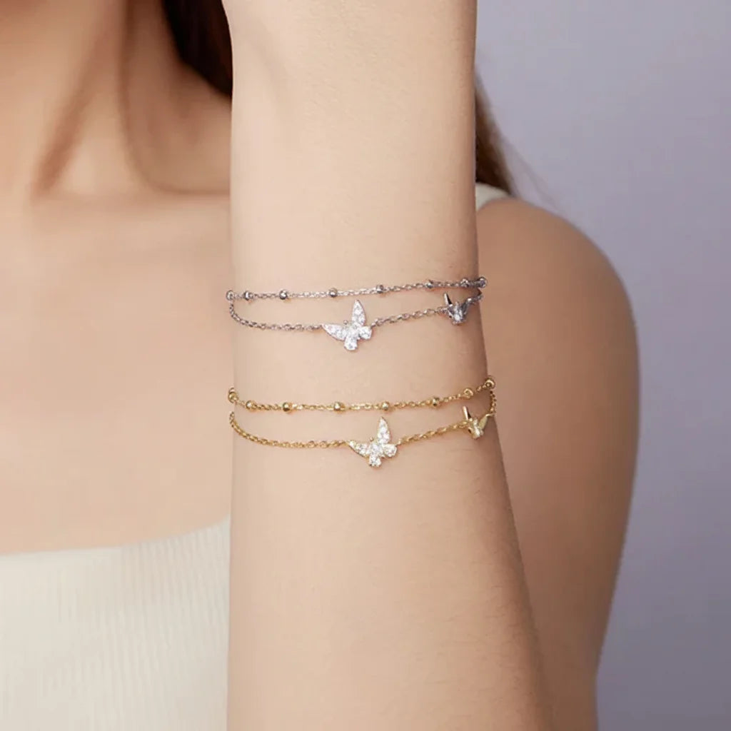 925 Sterling Silver Double-Layer Butterfly CZ Bracelet