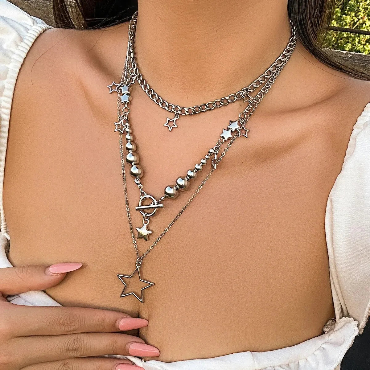 Vintage Silver Star Pendant Choker Necklace Set (3 Pcs)
