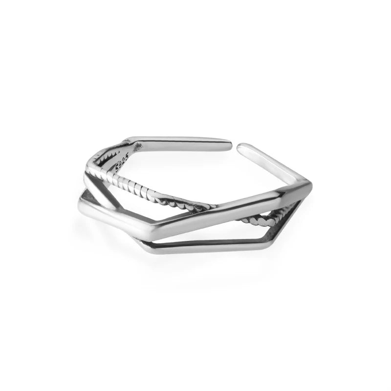 925 Sterling Silver Irregular Geometric Cross Line Ring