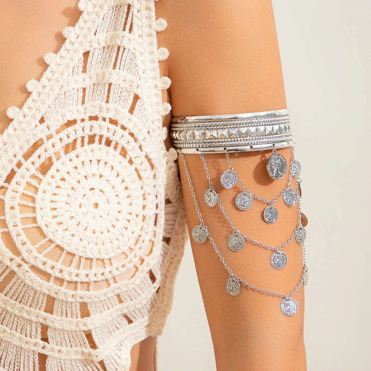 Gold Coin & Leaf Tassel Upper Arm Bracelet