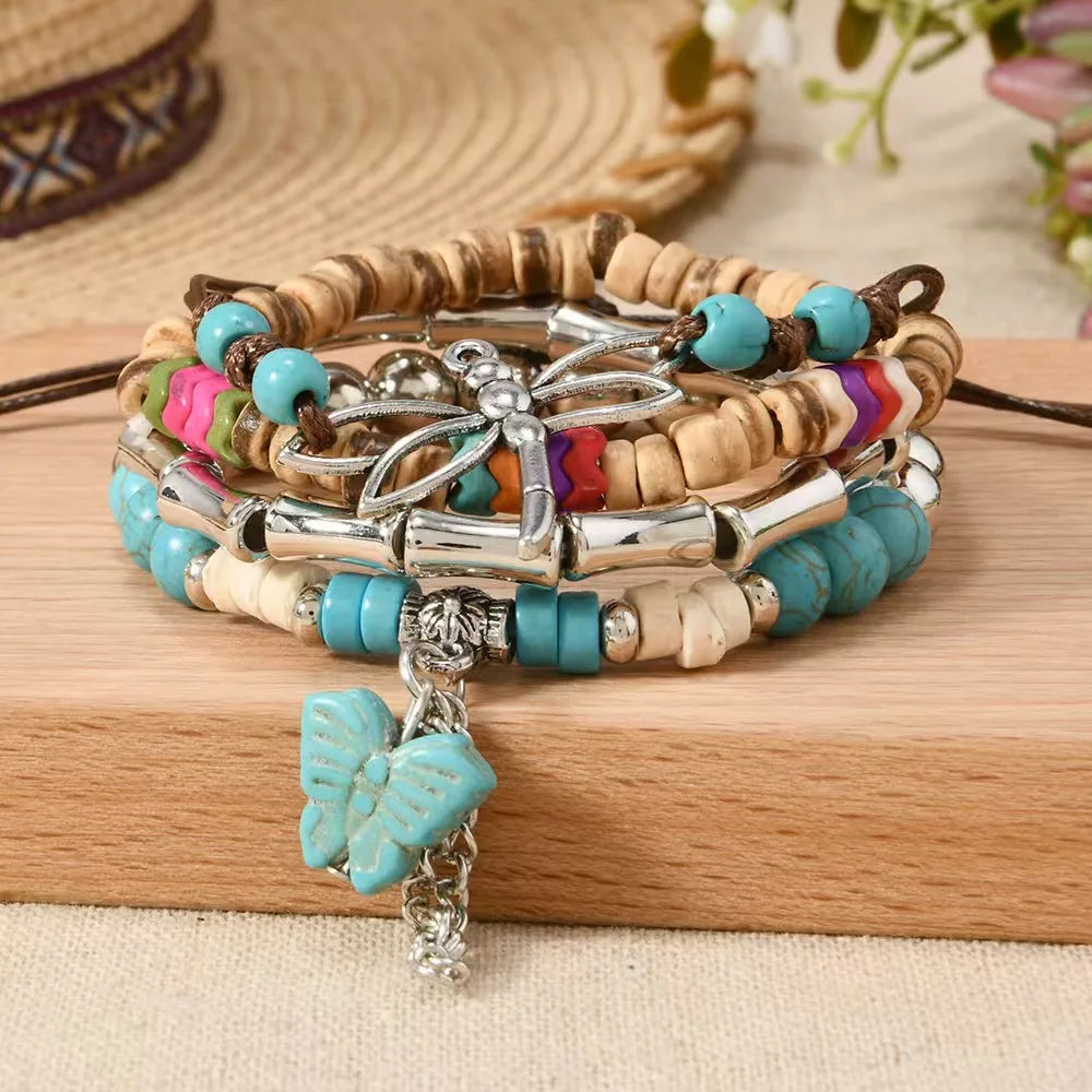 Boho Dragonfly & Butterfly Turquoise Beaded Wrap Bracelet Set