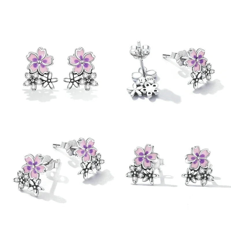 925 Sterling Silver Spring Flower & Swallow Hoop Earrings