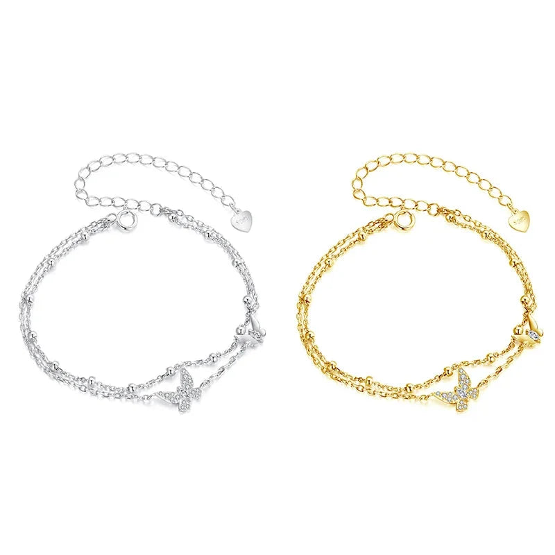925 Sterling Silver Double-Layer Butterfly CZ Bracelet