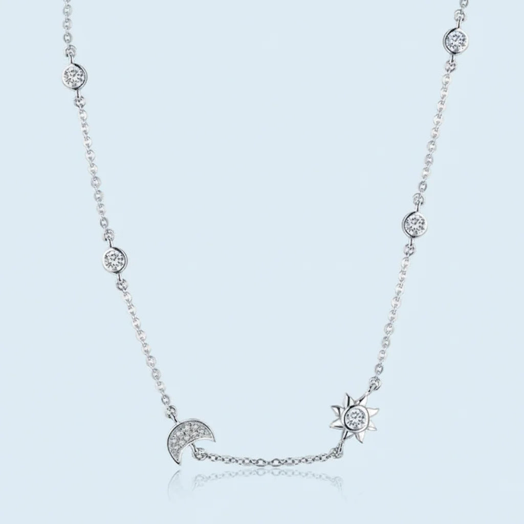 925 Sterling Silver Sparkling Moon and Star Necklace