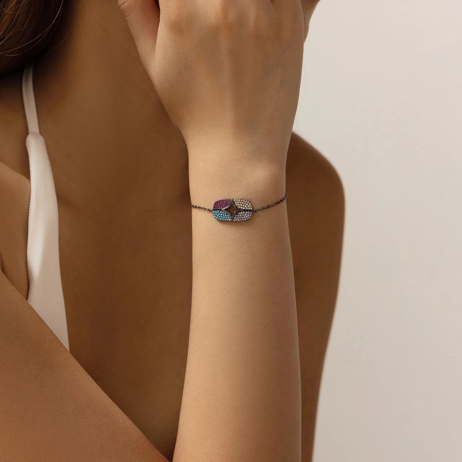 925 Sterling Silver Turquoise & CZ Stars Link Chain Bracelet