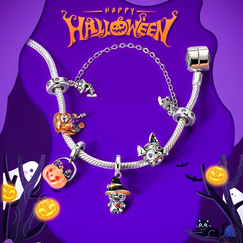 925 Sterling Silver Halloween Pumpkin & Skull Charm Bead