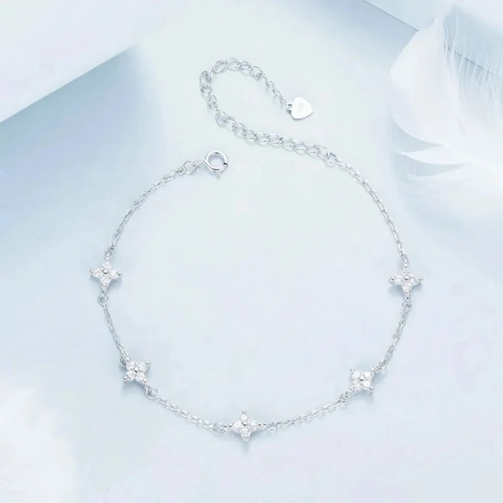 925 Sterling Silver Four-Leaf Clover CZ Anklet