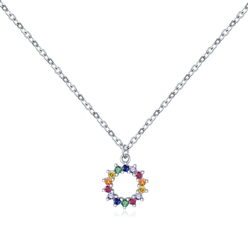 925 Sterling Silver Rainbow Sun CZ Pendant Necklace