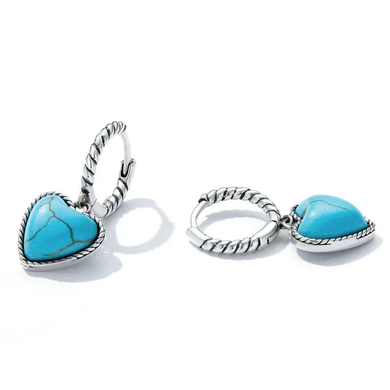 925 Sterling Silver Blue Heart Turquoise Twist Hoop Earrings
