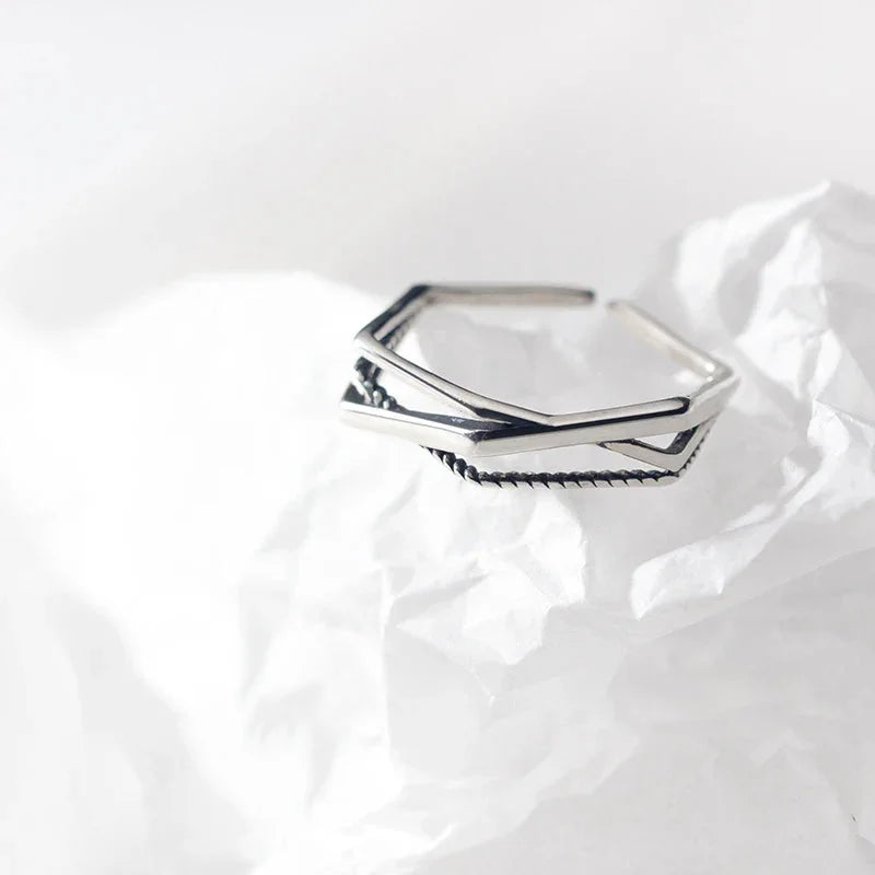 925 Sterling Silver Irregular Geometric Cross Line Ring