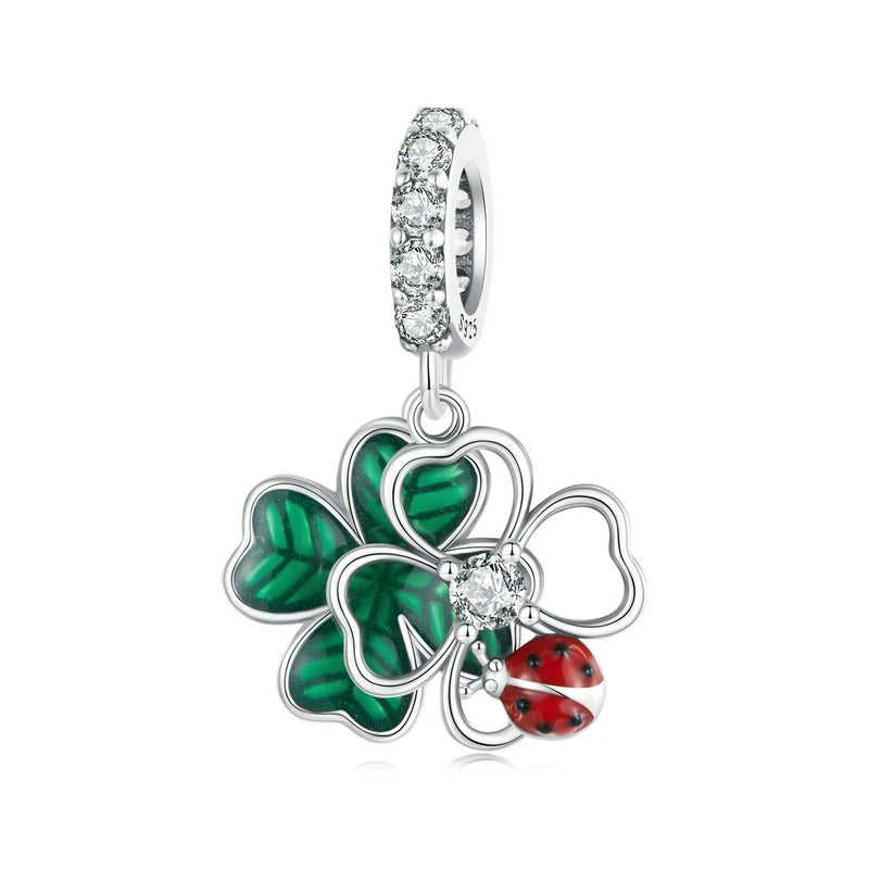 925 Sterling Silver Four-Leaf Clover & Ladybug Charm