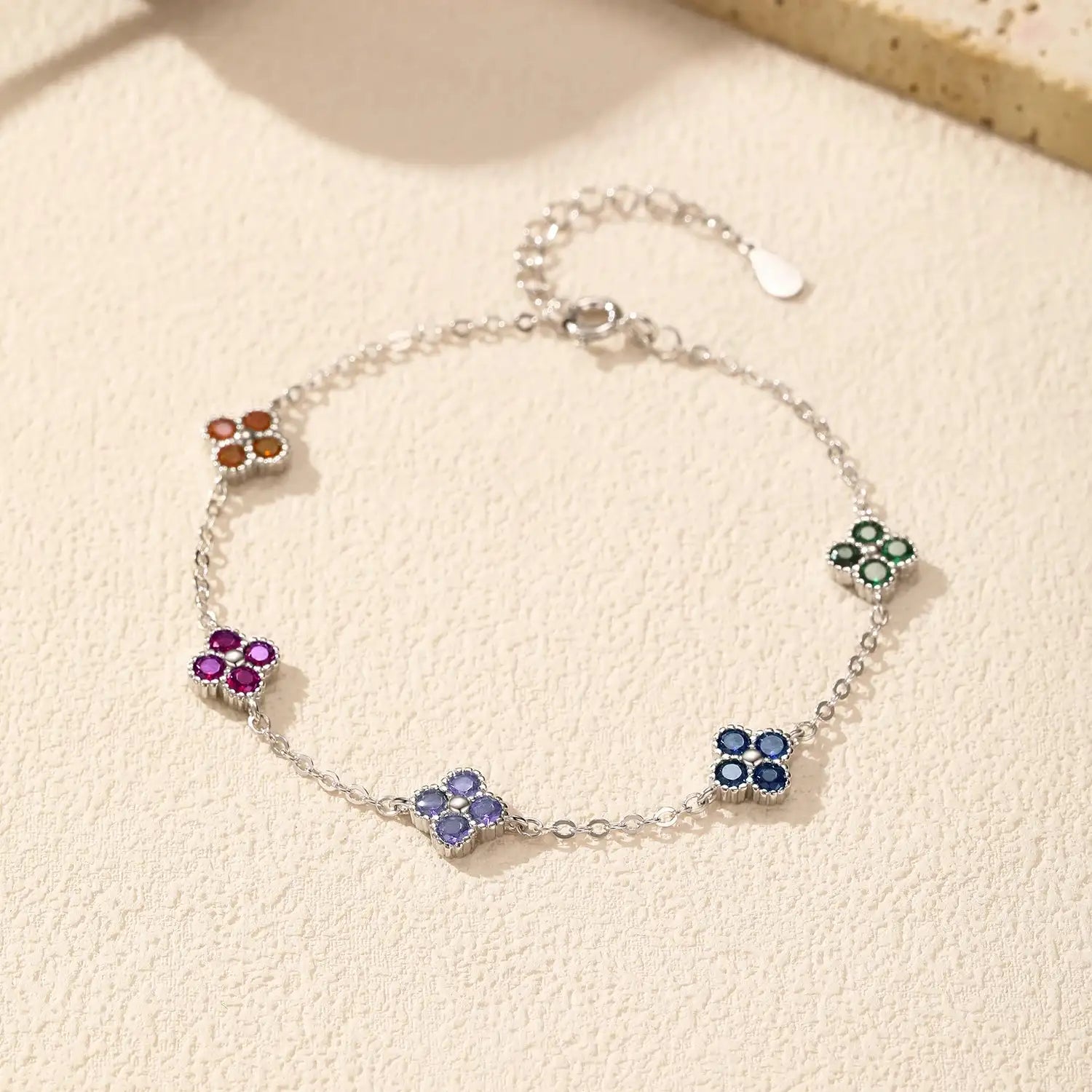 925 Sterling Silver Four-Leaf Clover Colorful CZ Bracelet