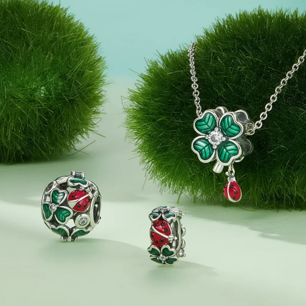 925 Sterling Silver Four-Leaf Clover & Ladybug Charm
