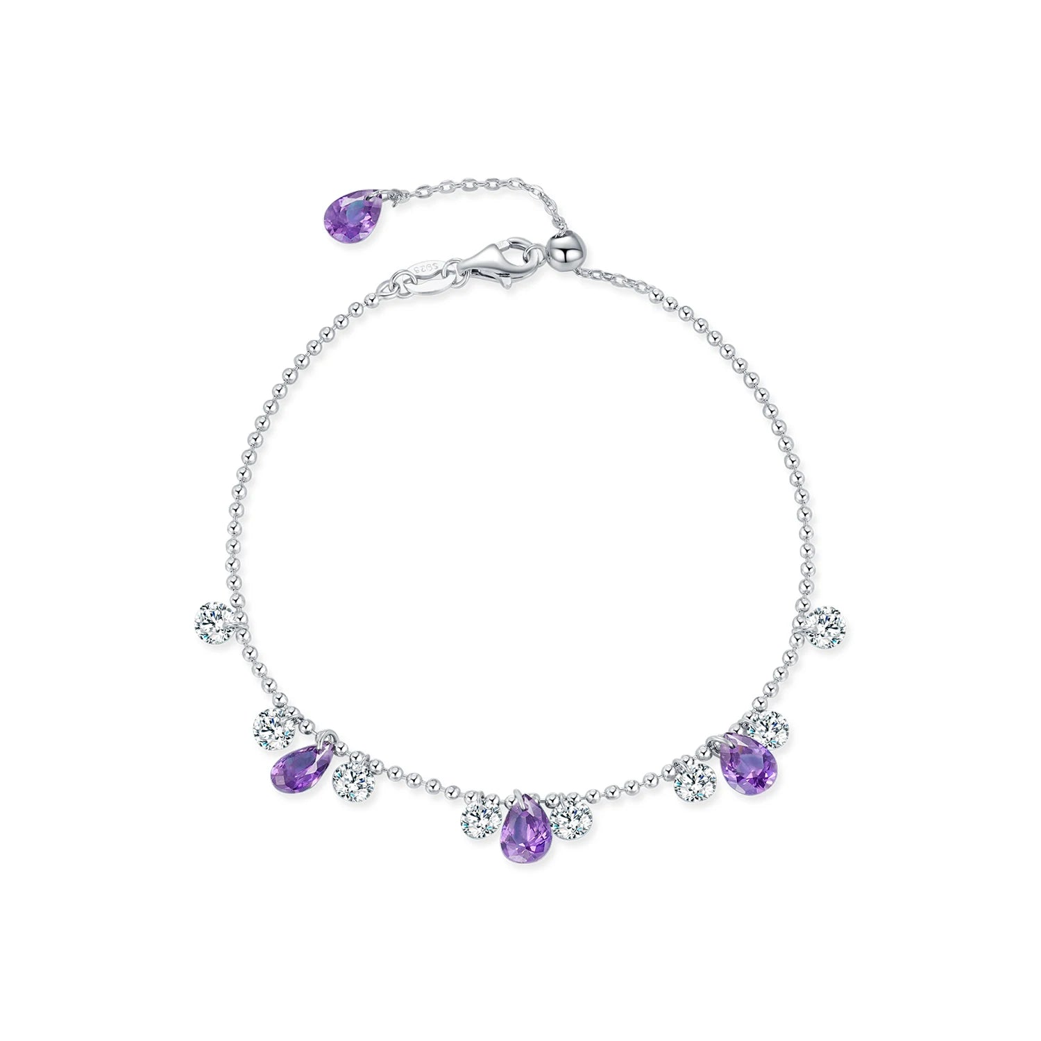 925 Sterling Silver Purple Zirconia Water Drop Bead Bracelet