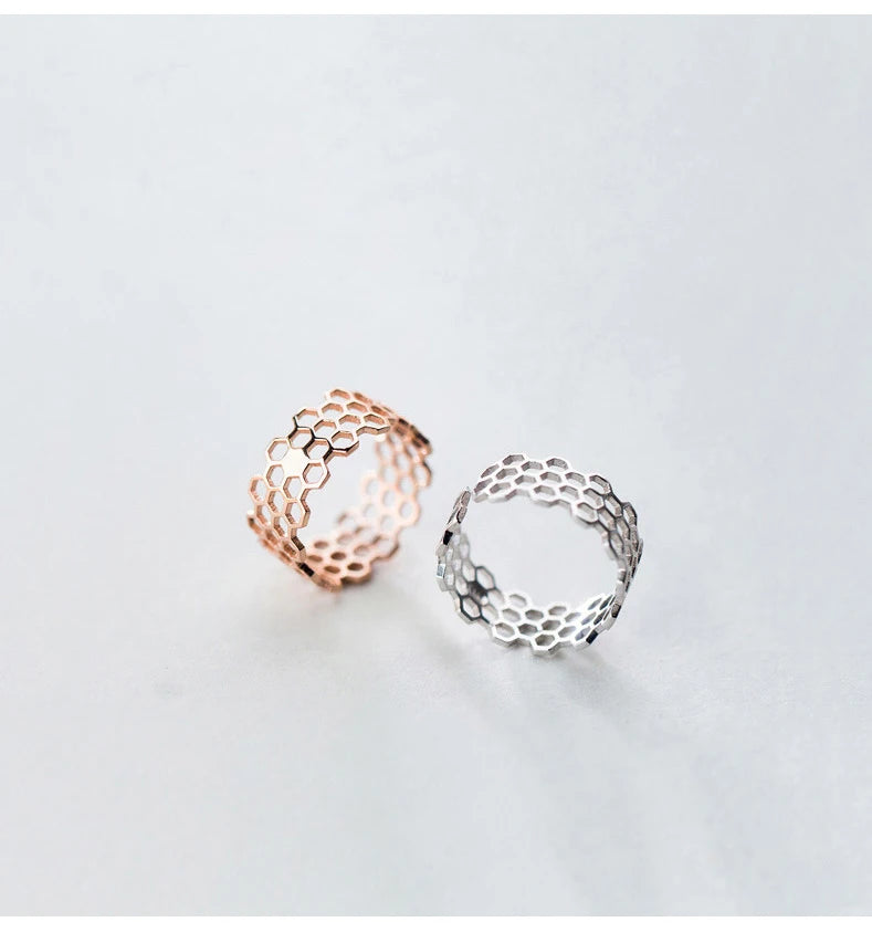 925 Sterling Silver Honeycomb Open Adjustable Ring