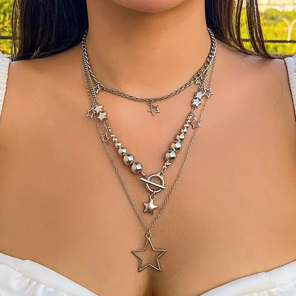 Vintage Silver Star Pendant Choker Necklace Set (3 Pcs)