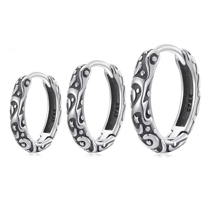 925 Sterling Silver Vintage Flower Pattern Hoop Earrings