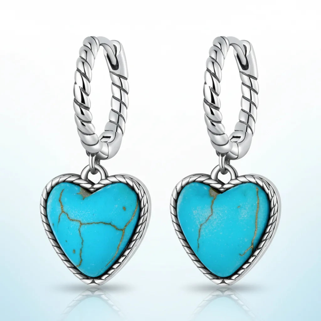 925 Sterling Silver Blue Heart Turquoise Twist Hoop Earrings