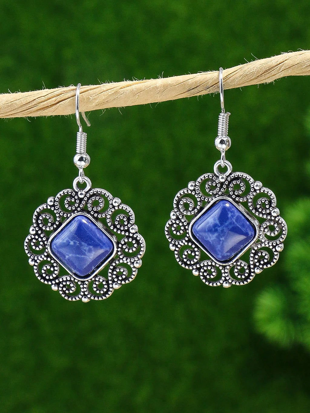 Classic Silver Geometric Stone Necklace & Earrings Set