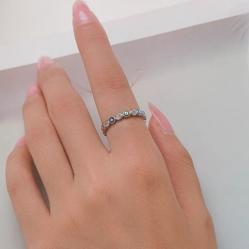 925 Sterling Silver Rainbow Enamel Eye CZ Ring