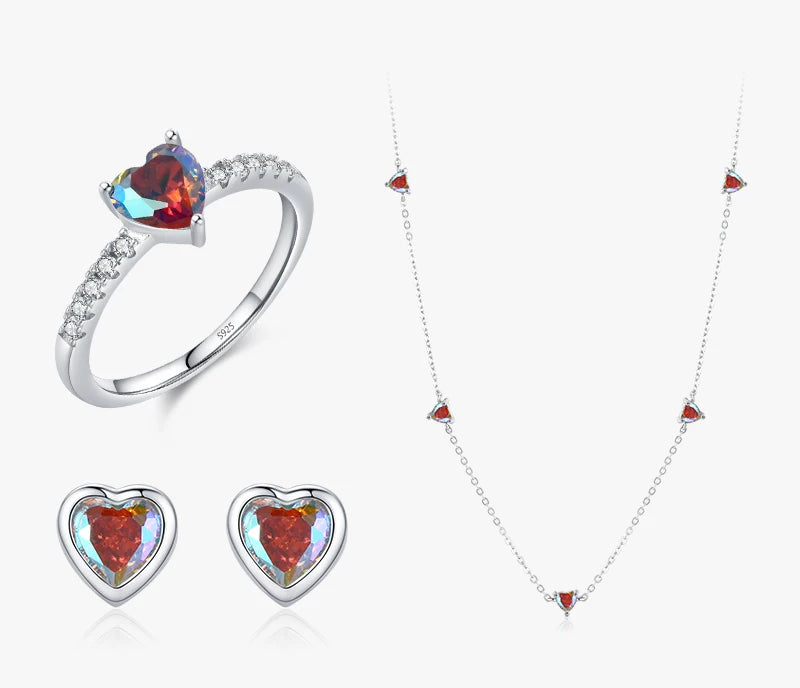 925 Sterling Silver Rainbow CZ Hearts Necklace, Earrings & Ring Set