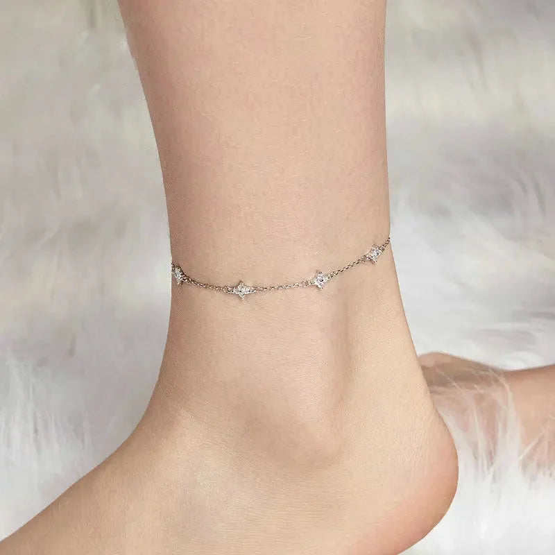 925 Sterling Silver Four-Leaf Clover CZ Anklet