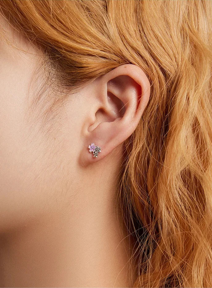 925 Sterling Silver Spring Flower & Swallow Hoop Earrings