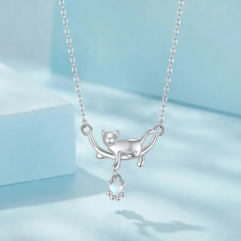 925 Sterling Silver Moonstone Cat Necklace