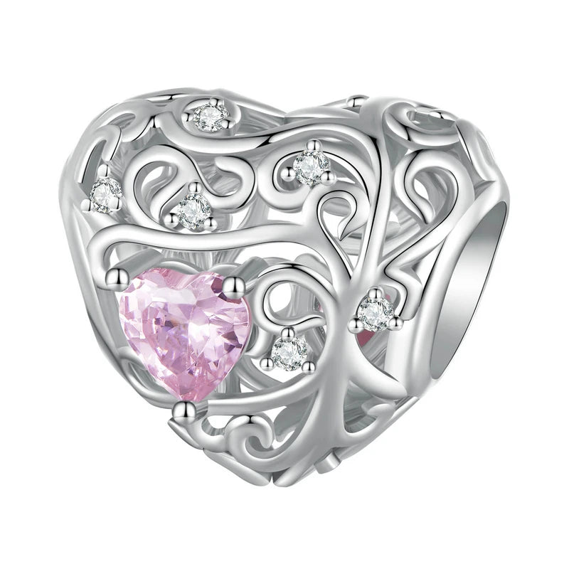925 Sterling Silver Pink Zircon Vine Heart Charm
