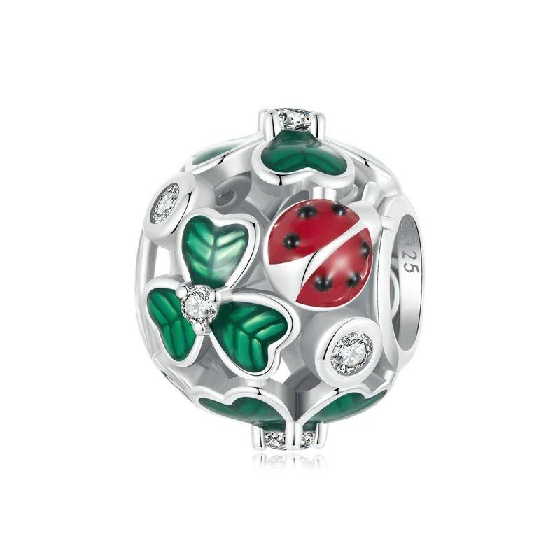 925 Sterling Silver Four-Leaf Clover & Ladybug Charm