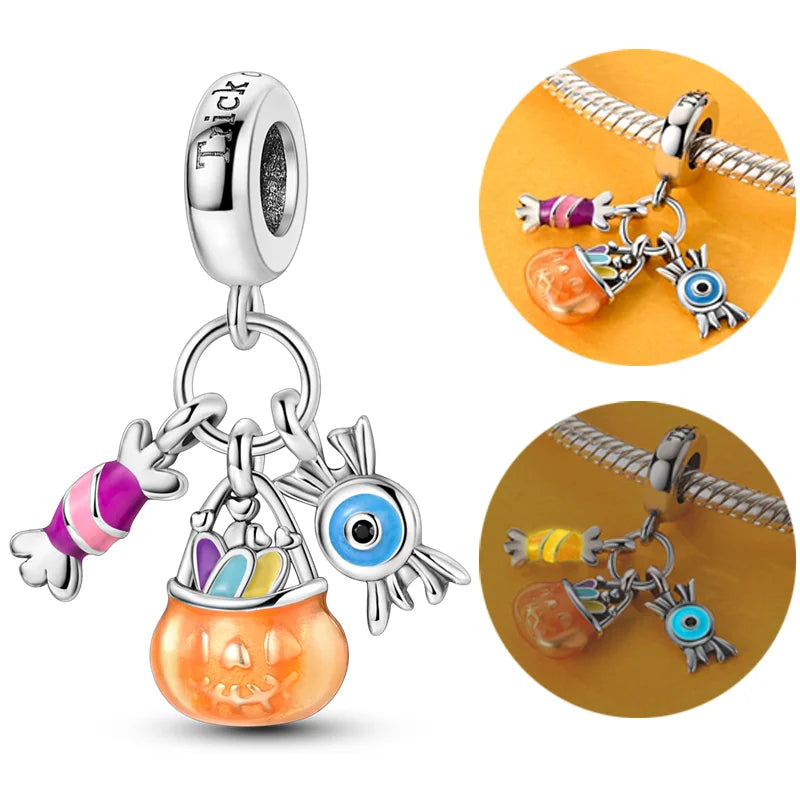 925 Sterling Silver Halloween Pumpkin & Skull Charm Bead