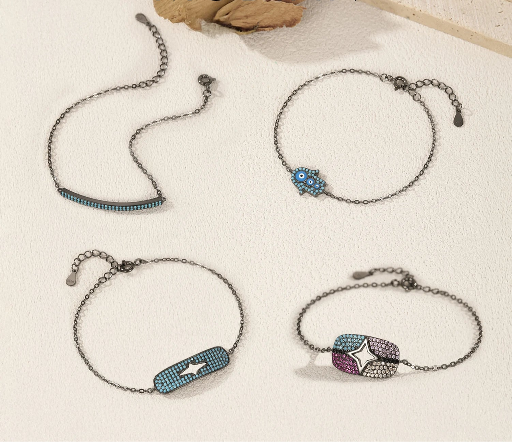 925 Sterling Silver Turquoise & CZ Stars Link Chain Bracelet