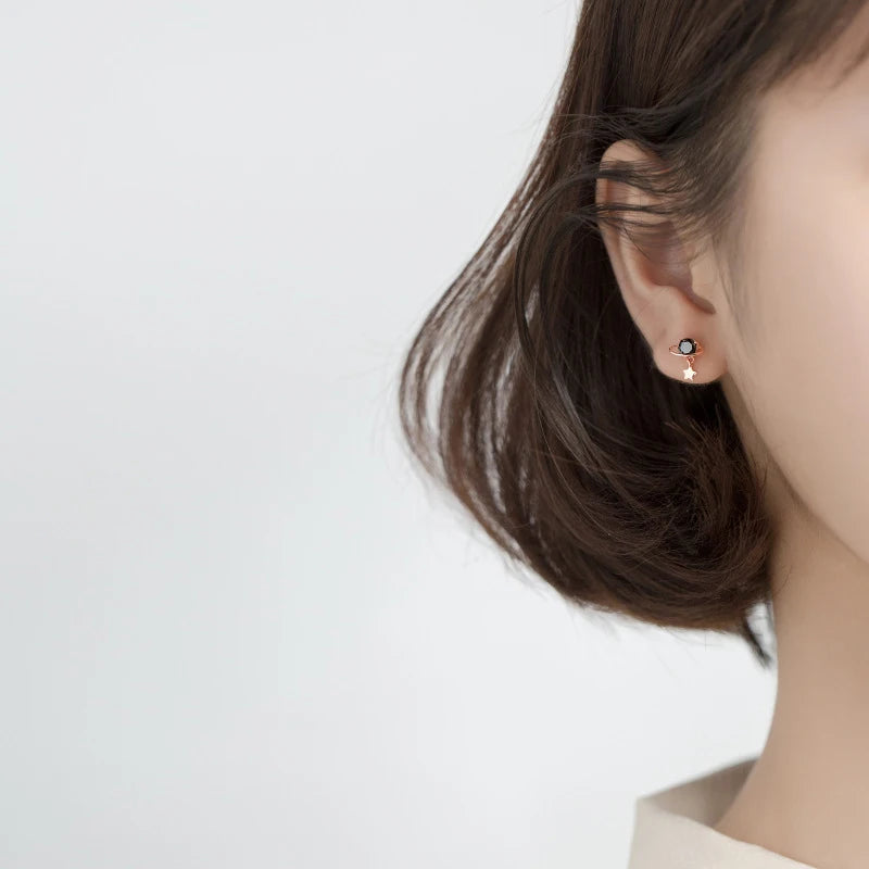 925 Sterling Silver Black Crystal Planet Stud Earrings