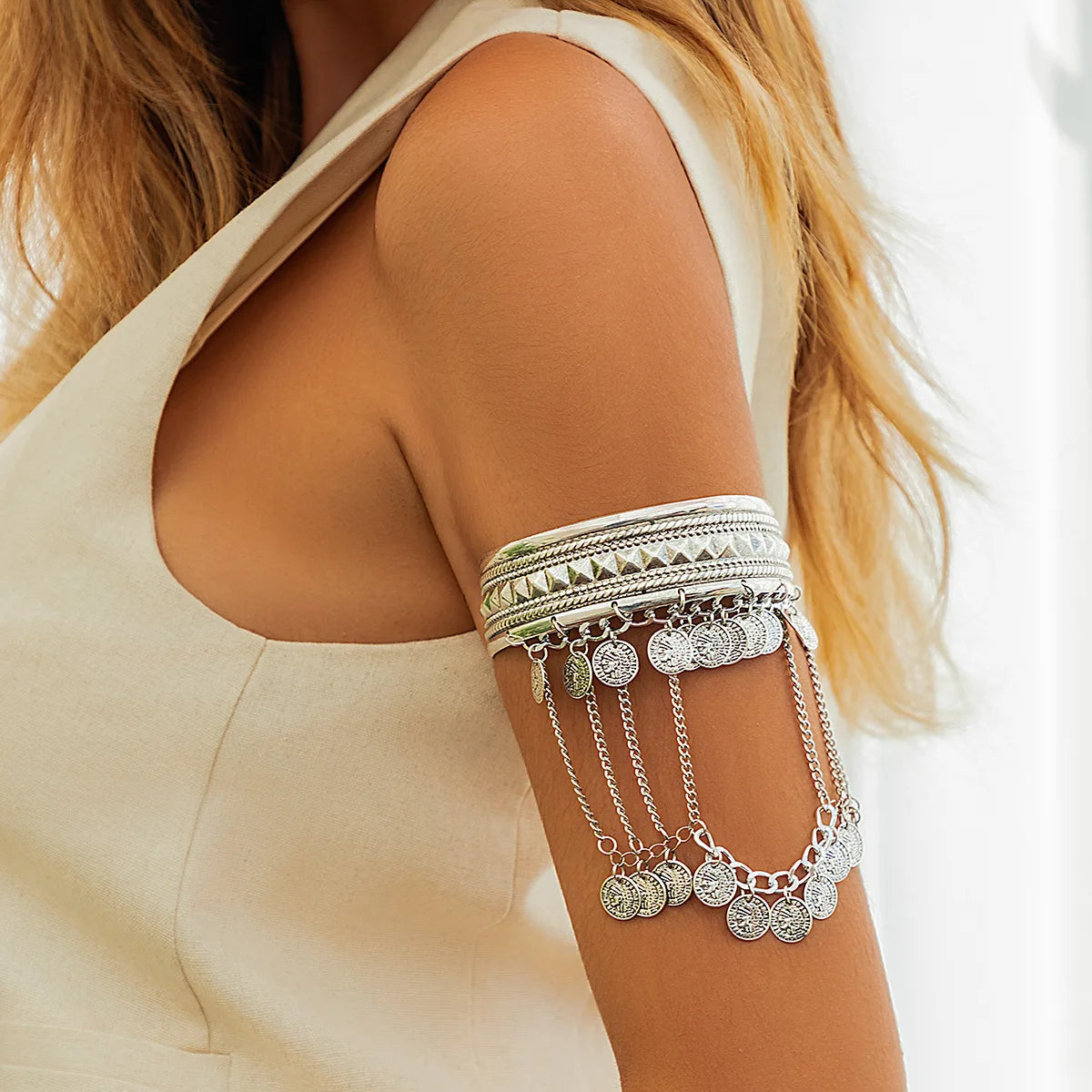 Gold Coin & Leaf Tassel Upper Arm Bracelet