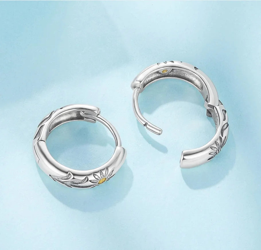 925 Sterling Silver Yellow Sunflower Hoop Earrings