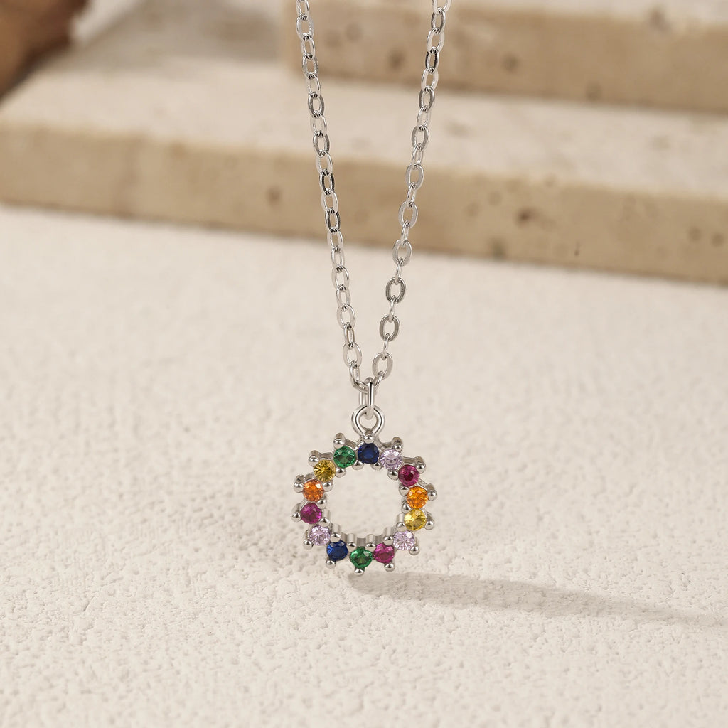 925 Sterling Silver Rainbow Sun CZ Pendant Necklace